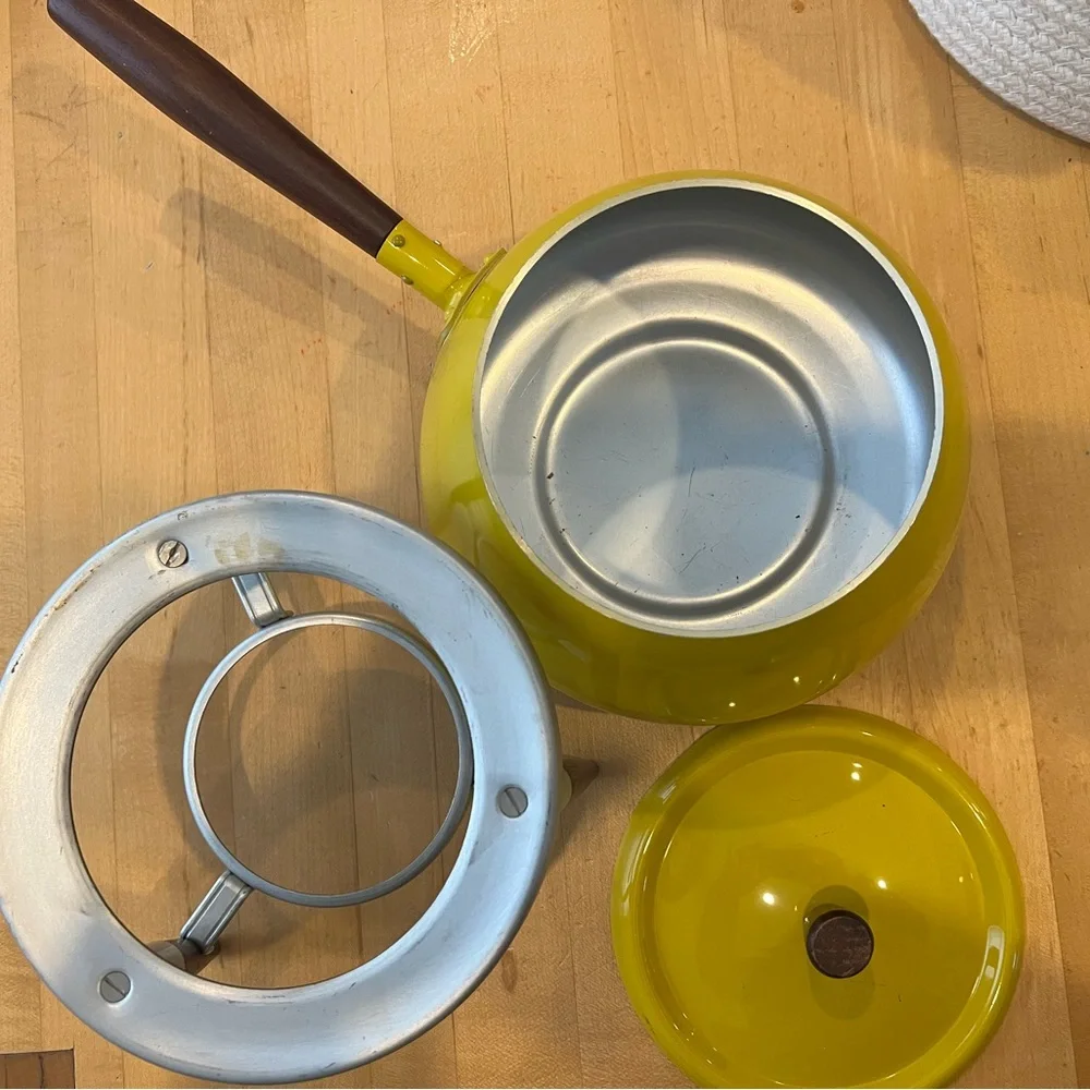 Vintage MCM Yellow Fondue Pot with Stand Teak wood